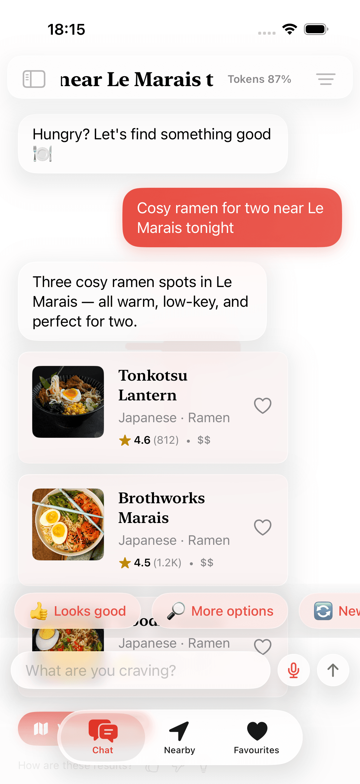 Chat thread where the user describes a craving and T4Taste replies with restaurant suggestions.
