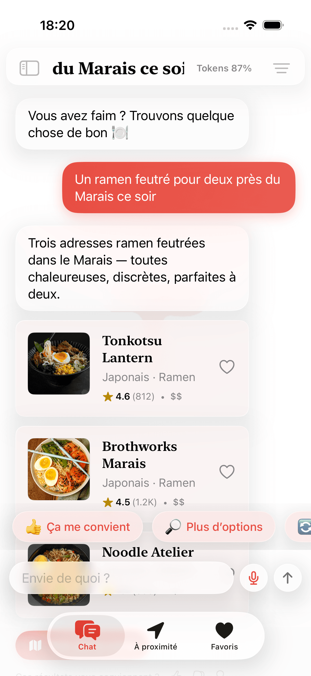 Conversation où l'utilisateur décrit une envie et T4Taste propose des restaurants.