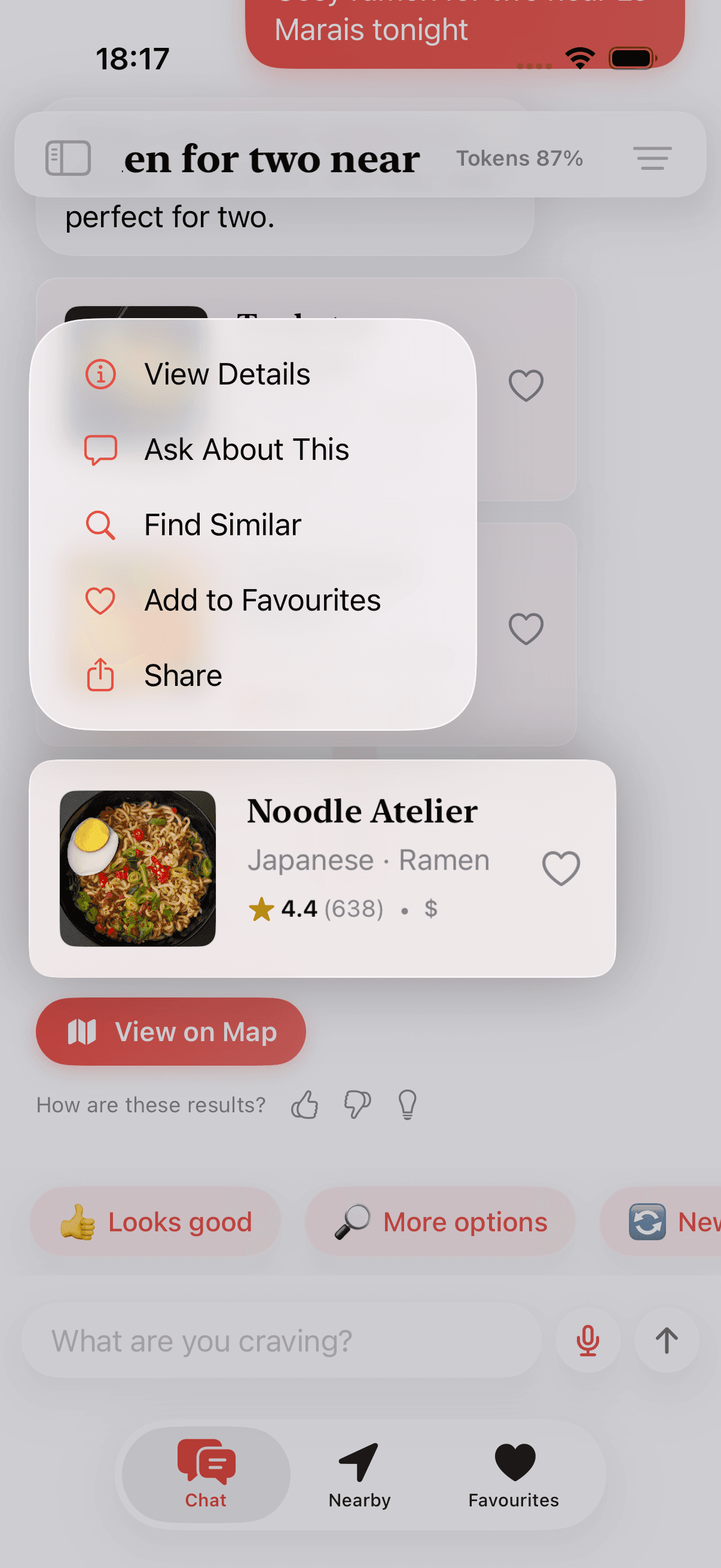 Long-press a restaurant card to open quick actions for that specific result.