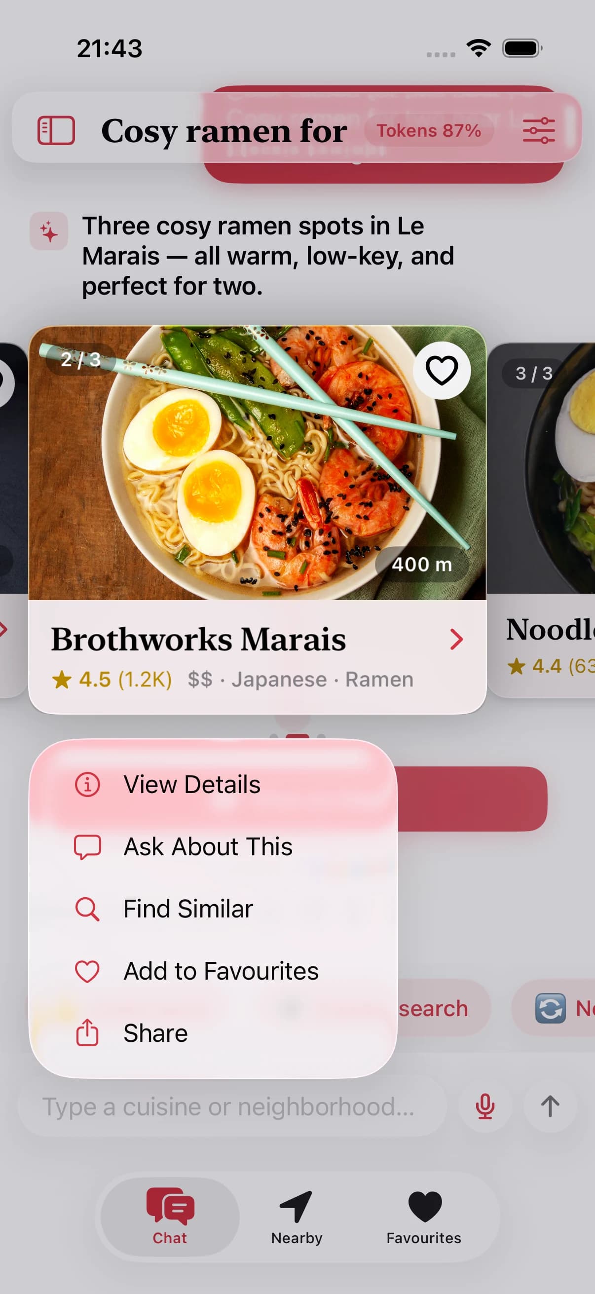 Long-press a restaurant card to open quick actions for that specific result.