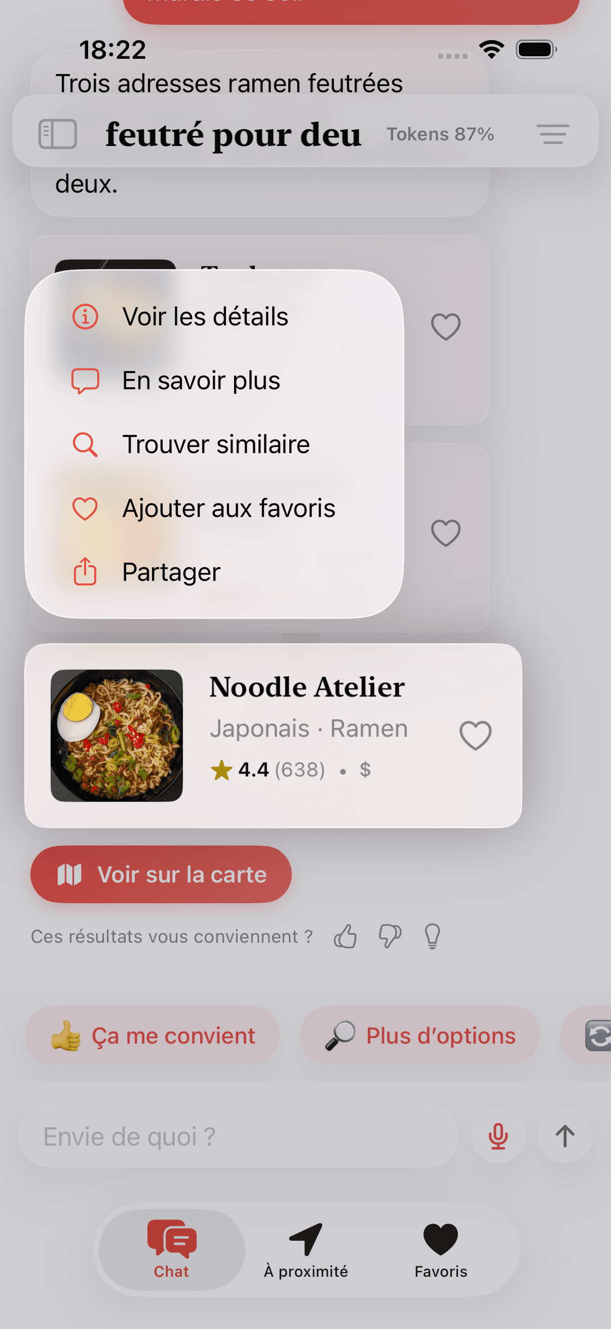 Maintenez une carte de restaurant pour ouvrir des actions rapides sur ce résultat.
