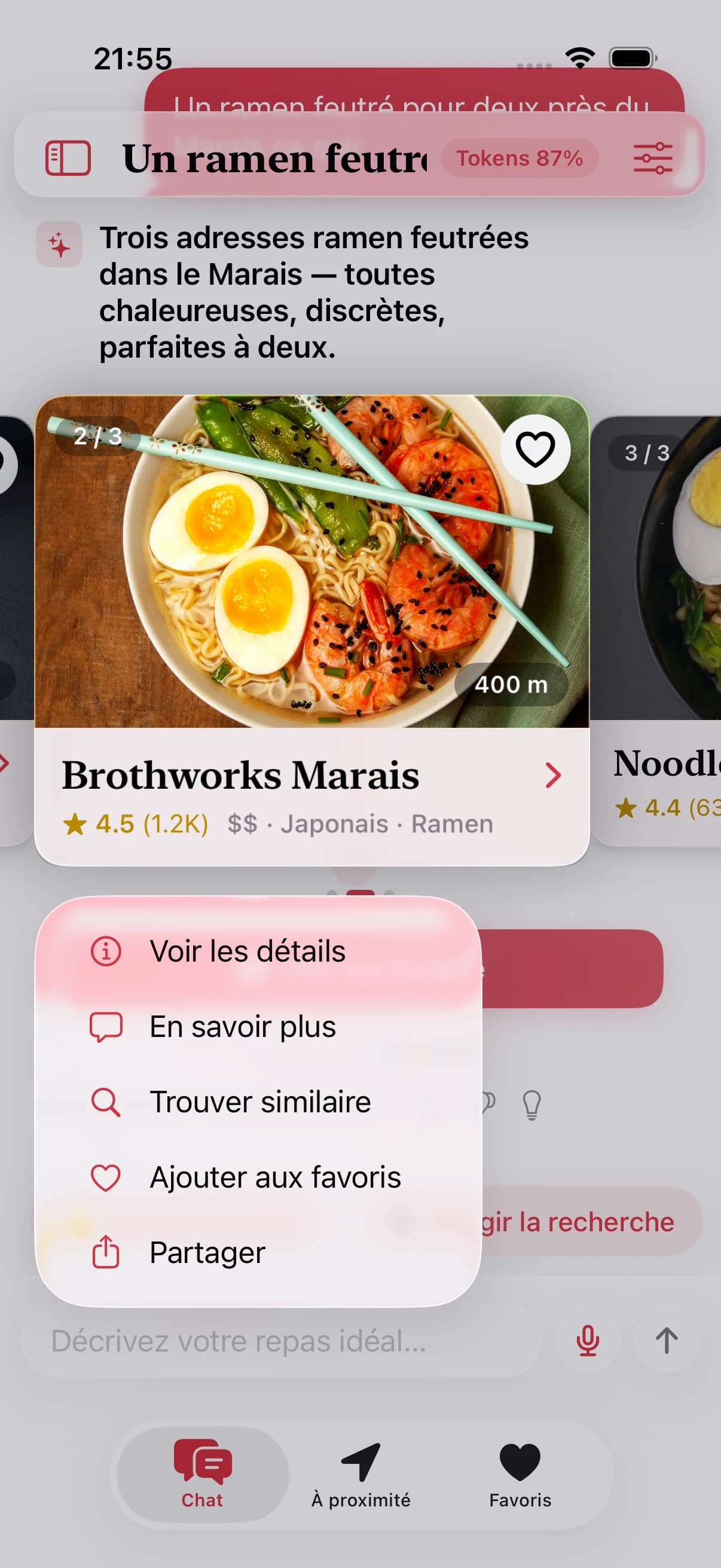 Maintenez une carte de restaurant pour ouvrir des actions rapides sur ce résultat.