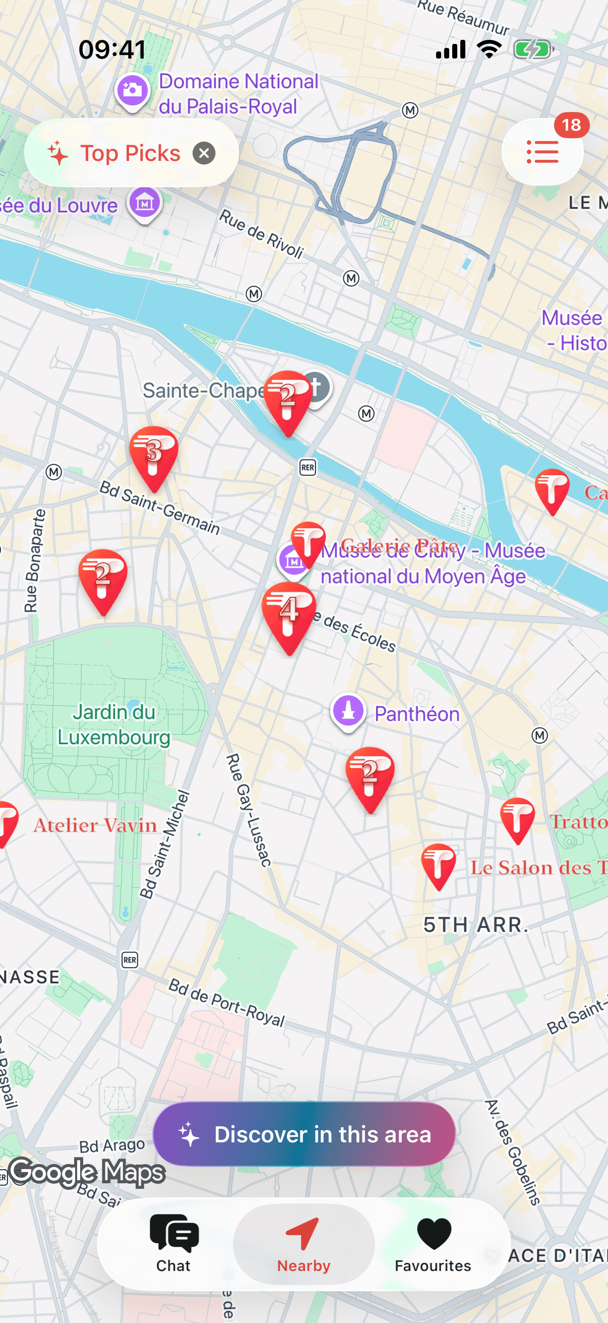 See your chat picks on the map. Pan anywhere and tap Discover in this area for fresh suggestions there.