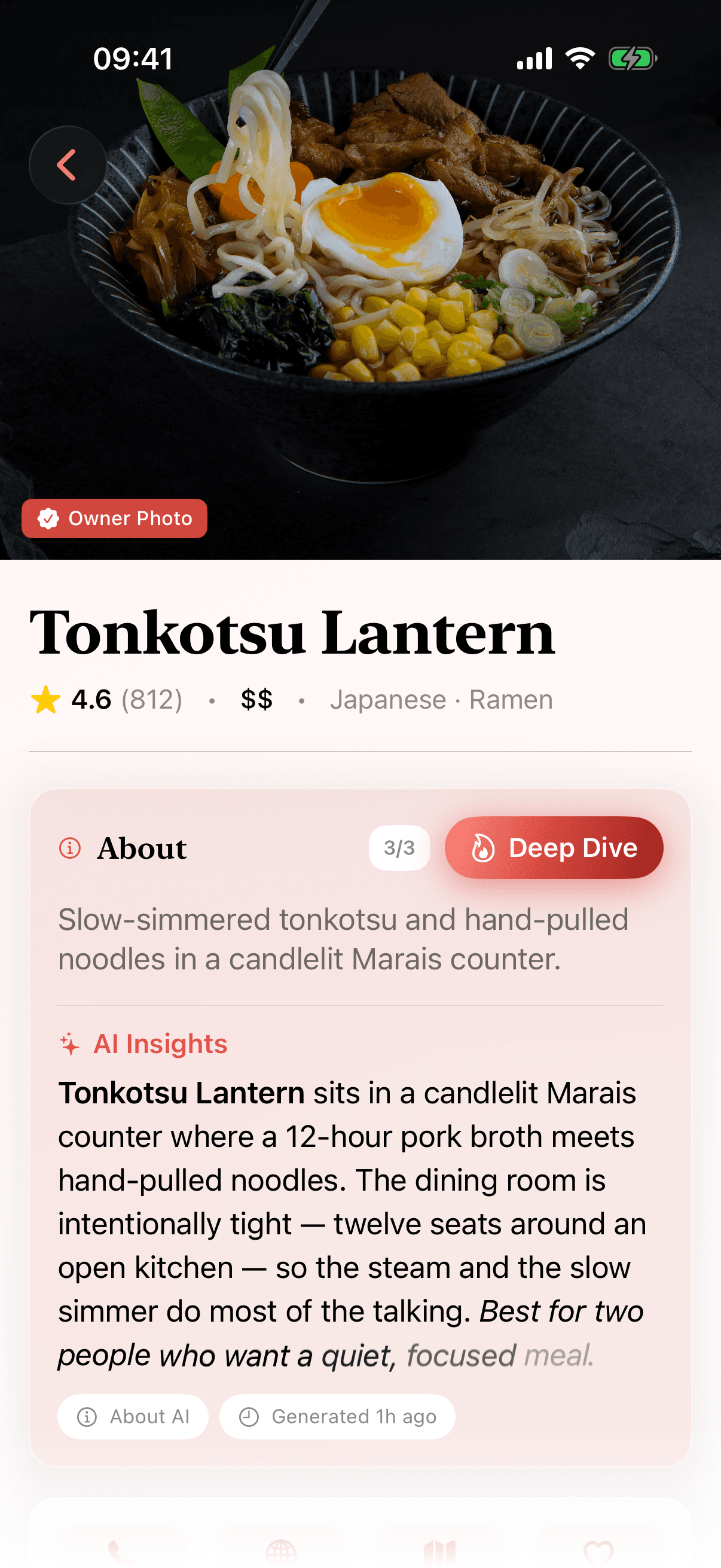 Pick a single restaurant and tap Discover to get a focused AI summary of what makes it worth a visit.
