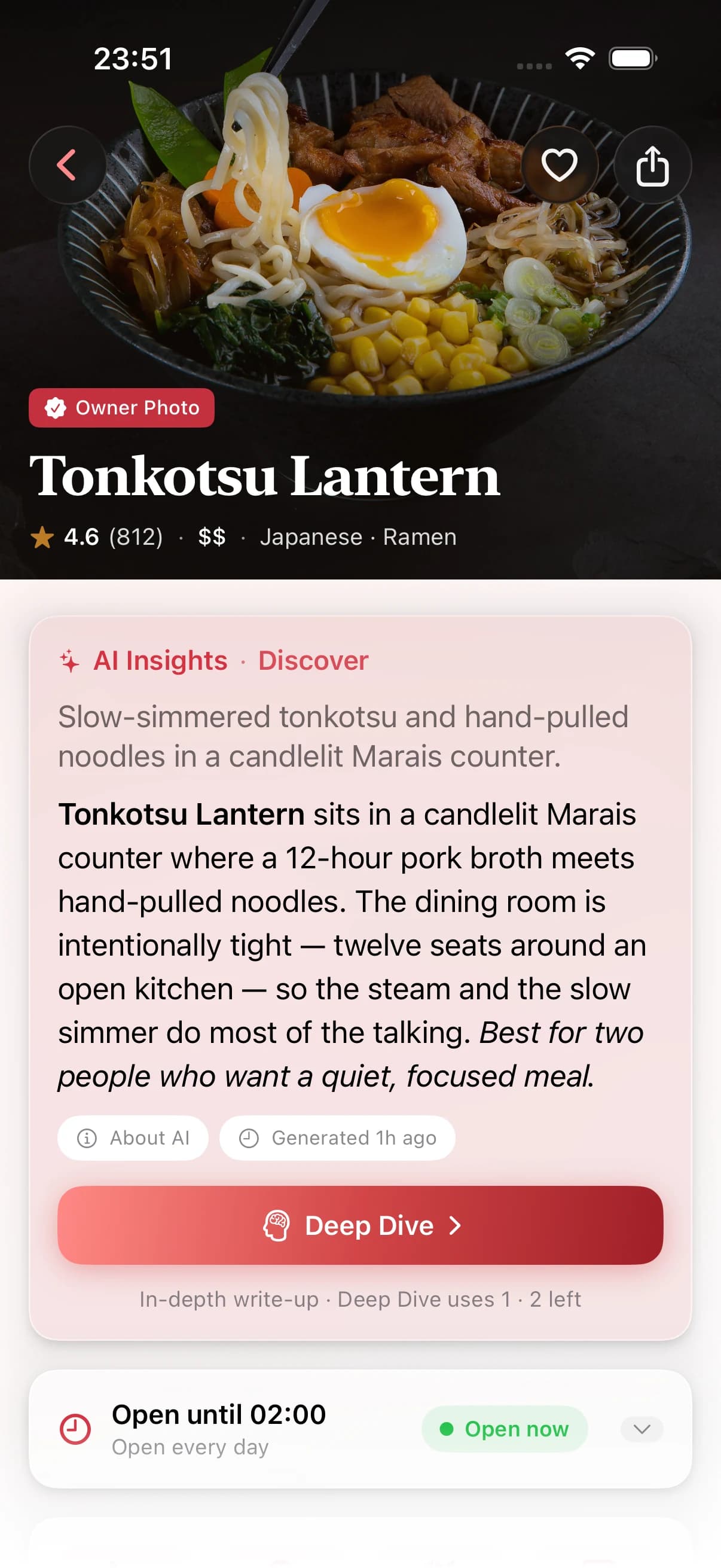 Pick a single restaurant and tap Discover to get a focused AI summary of what makes it worth a visit.