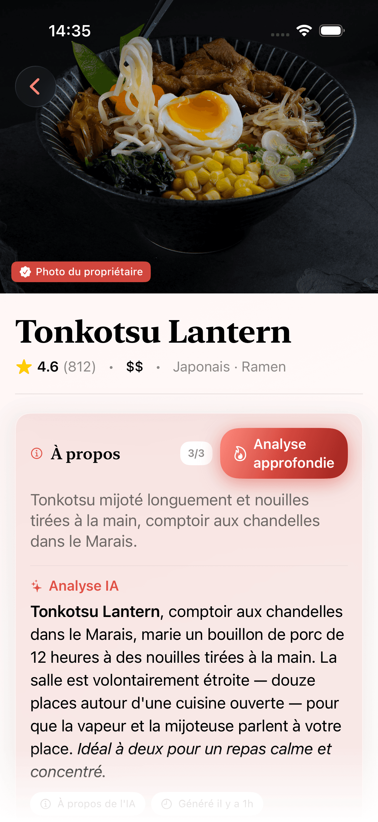 Choisissez un restaurant et touchez Découvrir pour obtenir une synthèse IA ciblée sur ce qui en vaut la visite.