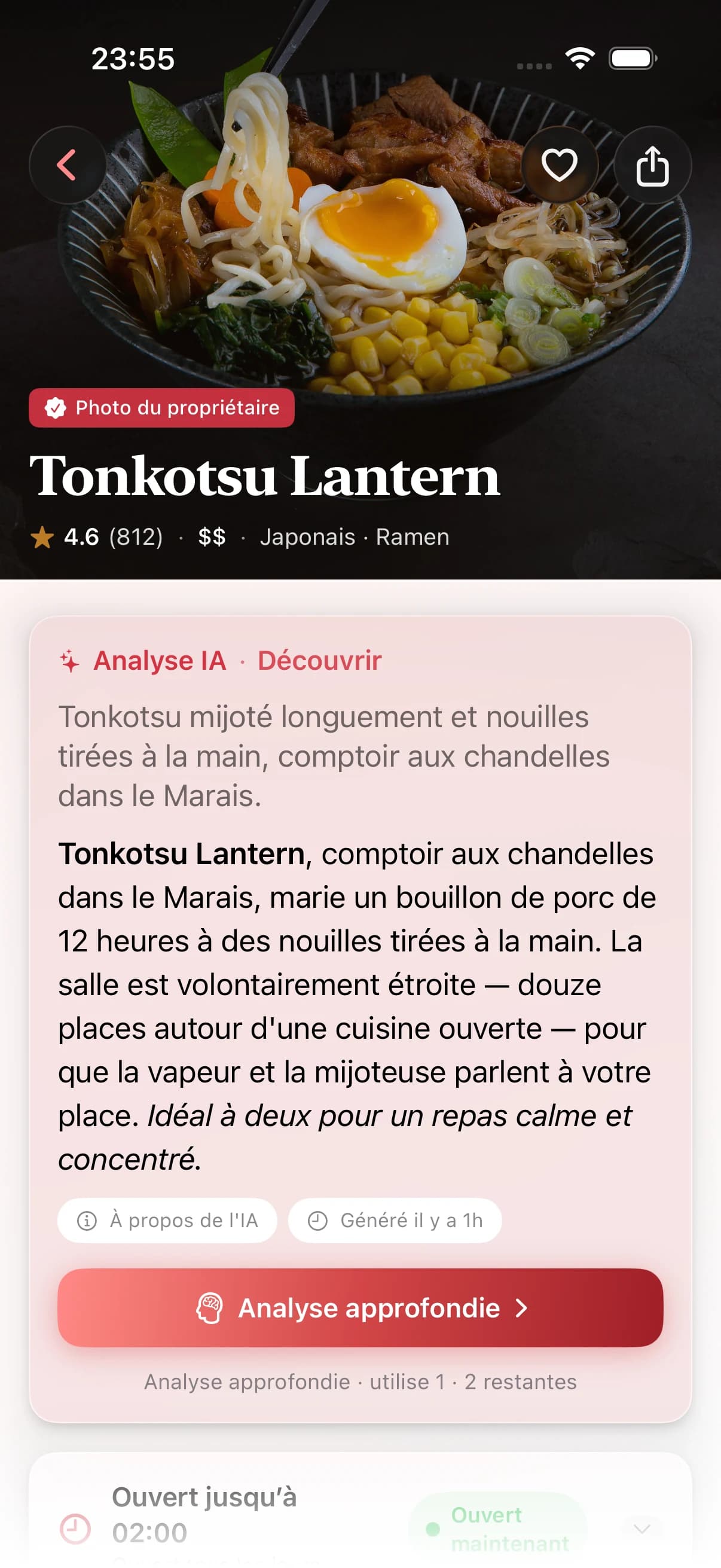 Choisissez un restaurant et touchez Découvrir pour obtenir une synthèse IA ciblée sur ce qui en vaut la visite.