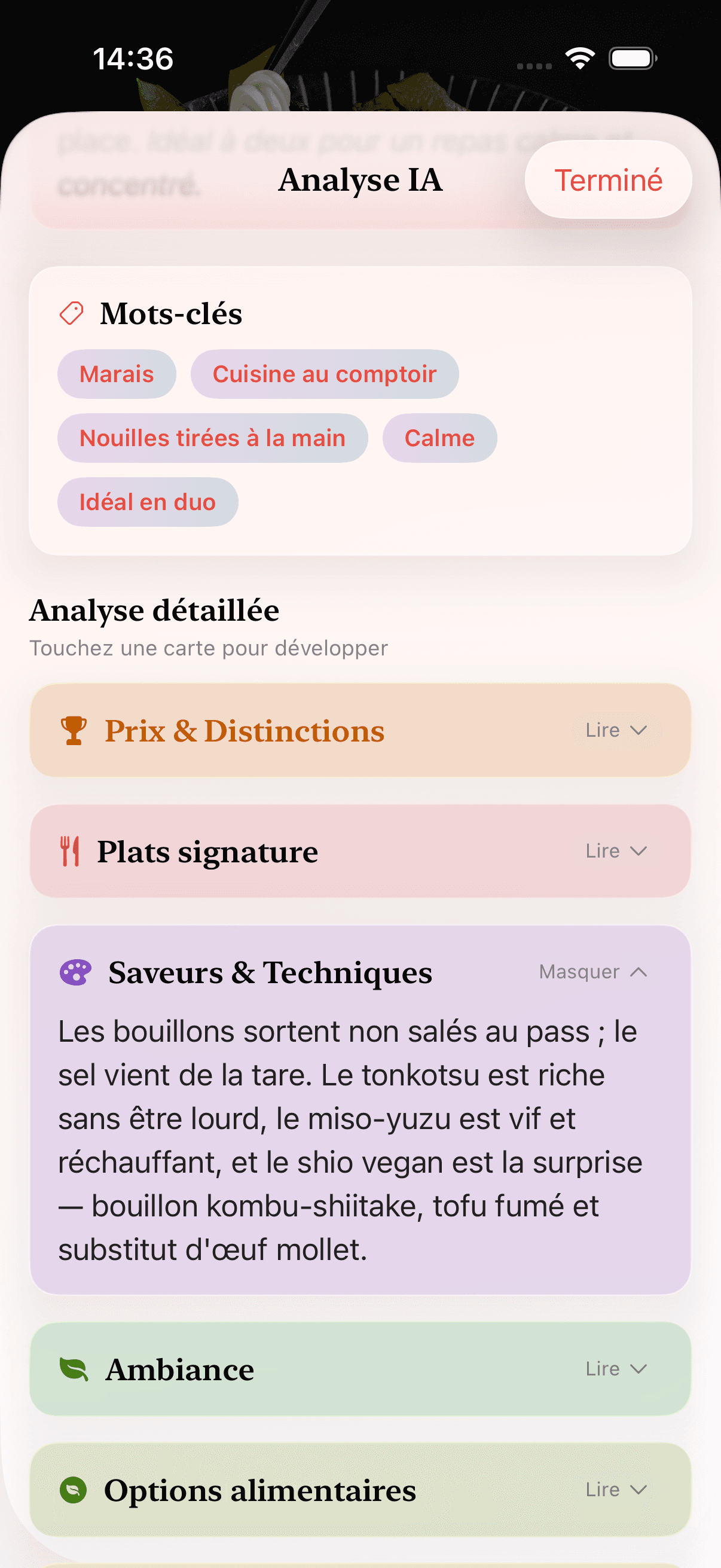 Besoin d'en savoir plus avant d'y aller ? L'Analyse approfondie détaille plats signatures, ambiance, recommandations et plus encore.