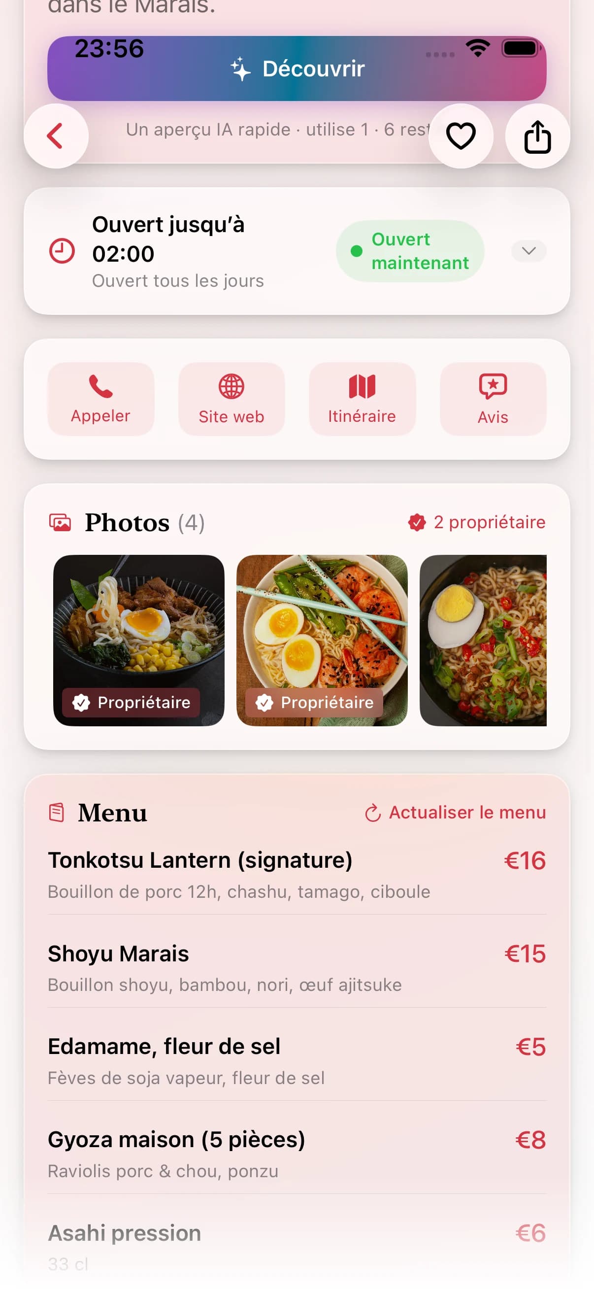Appeler avant, ou y aller directement ? La fiche restaurant rassemble les infos pratiques pour décider et partir.