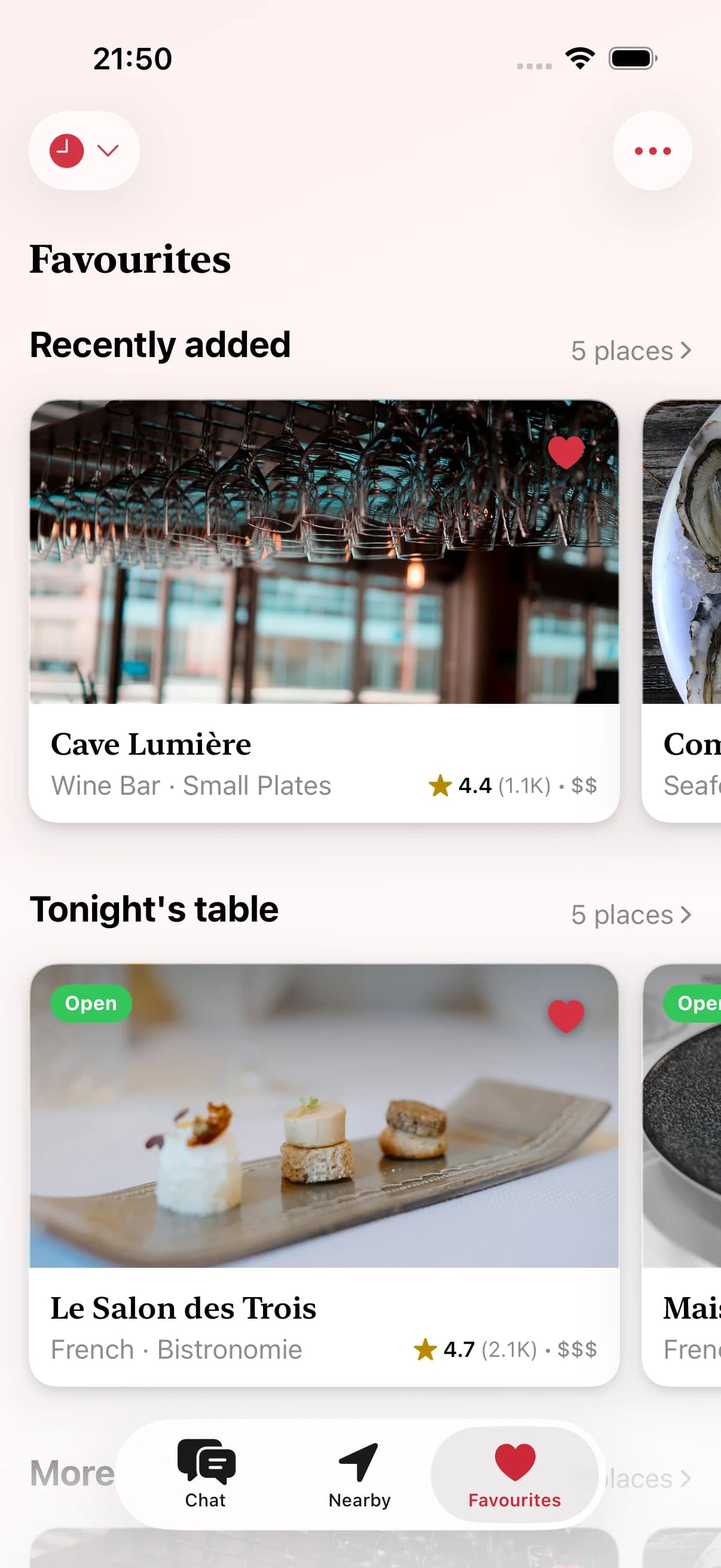 Favourites shelve themselves — recently added, open tonight, within walking distance — and sync across your devices.