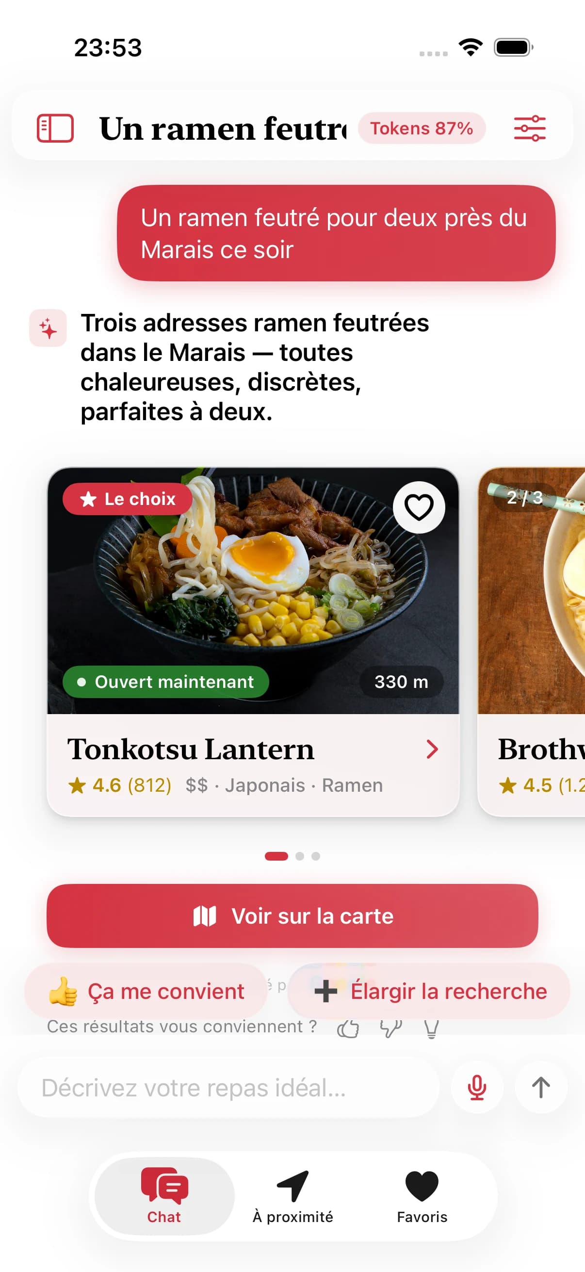 Conversation où l'utilisateur décrit une envie et T4Taste propose des restaurants.